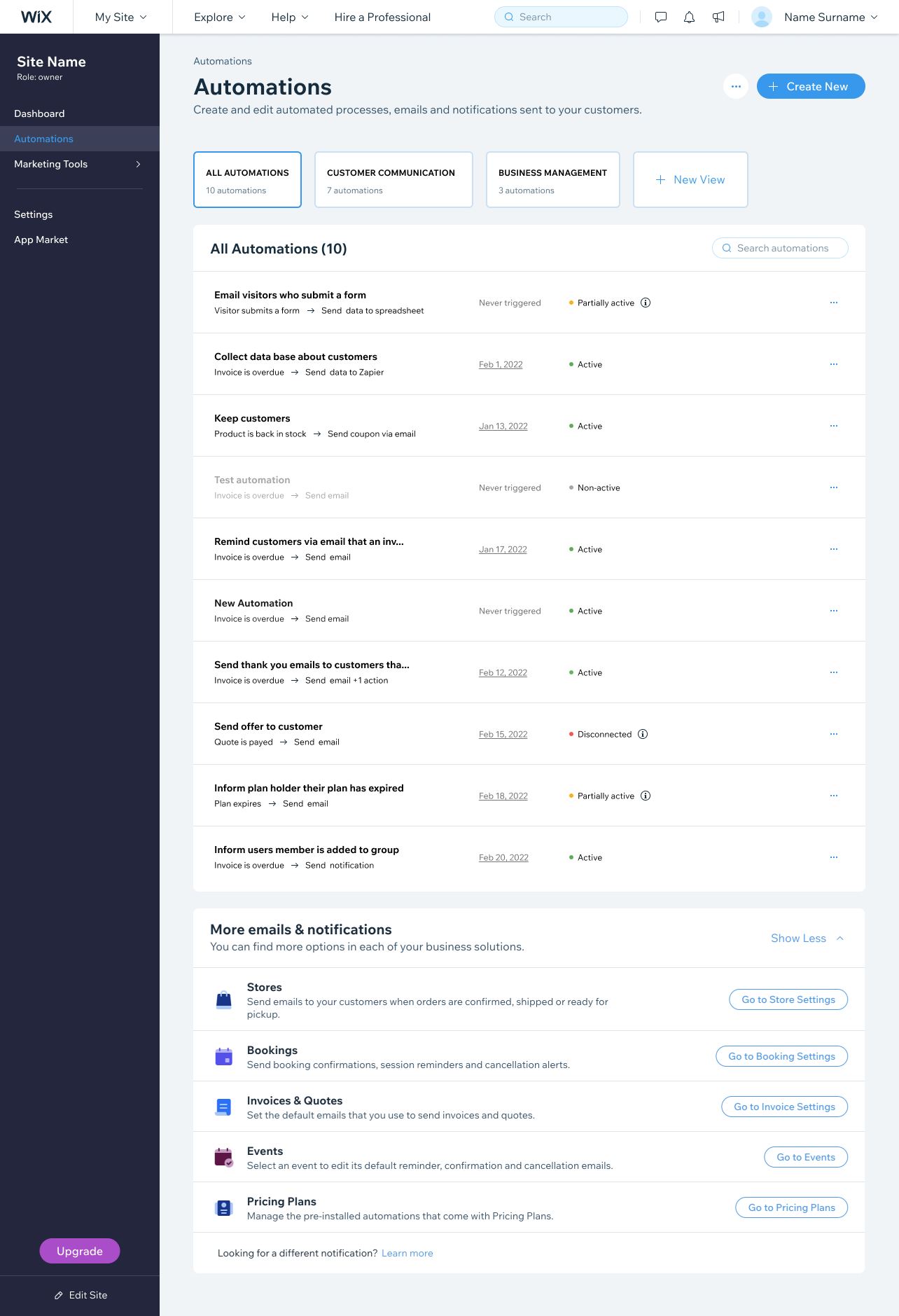 Automation overview panel with quick access to editing
