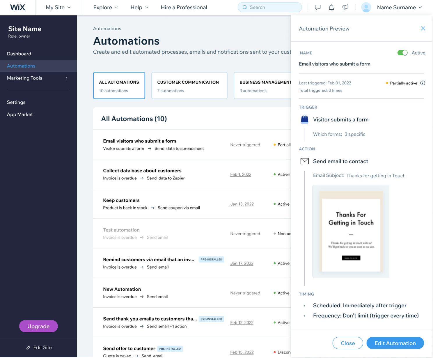 Redesigned Automations screen, detail view
