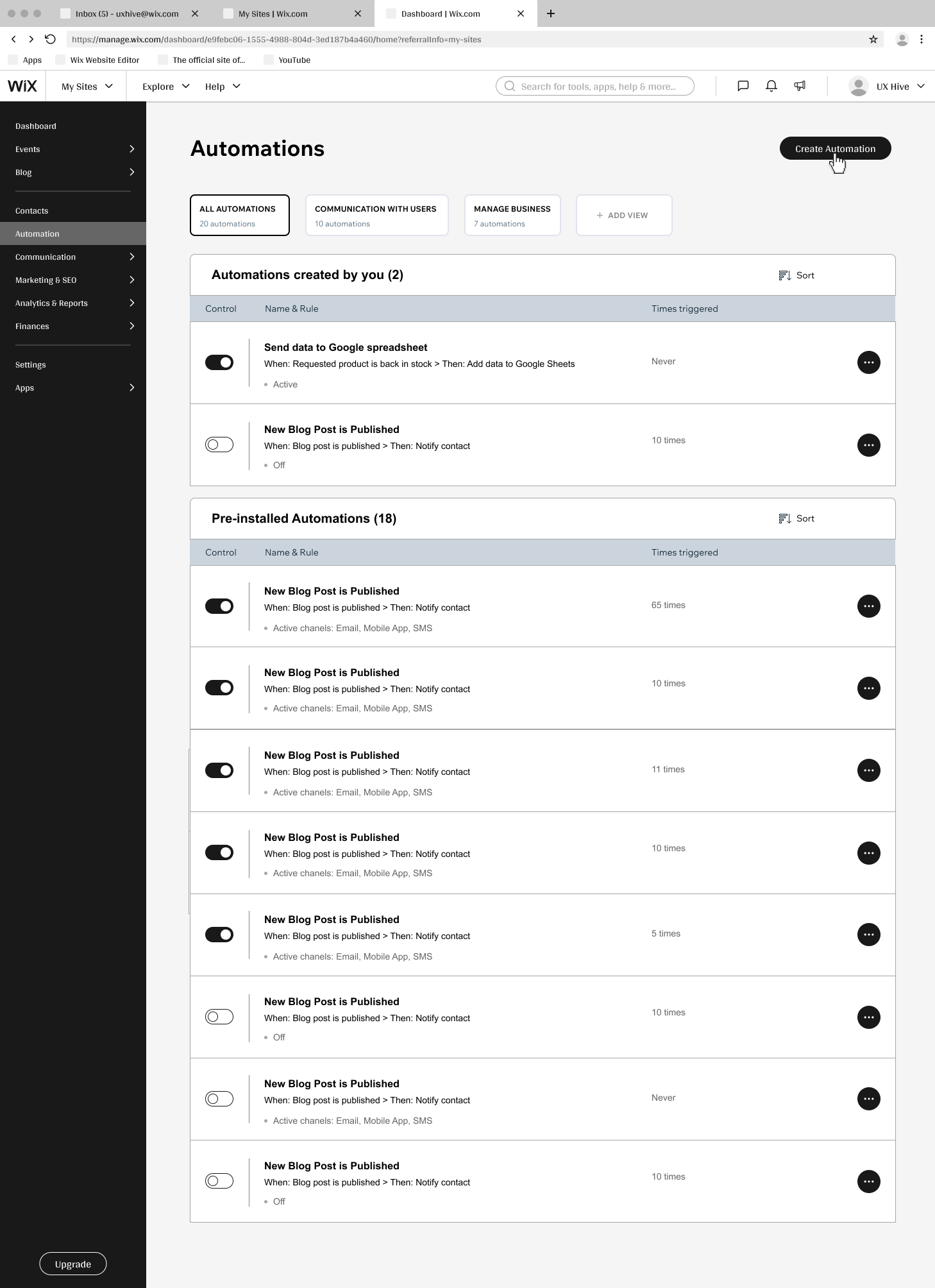 Low-fidelity wireframe of the Automations list structure