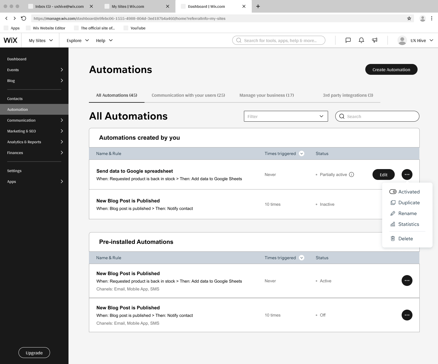 Low-fidelity wireframe of the All Automations table layout