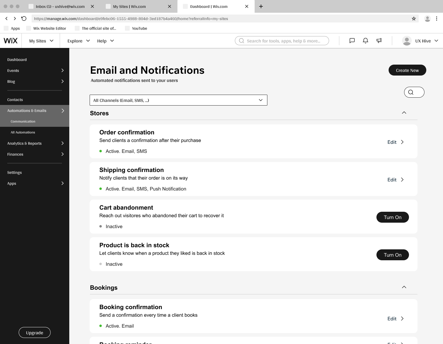 Low-fidelity wireframe of the notifications and settings layout