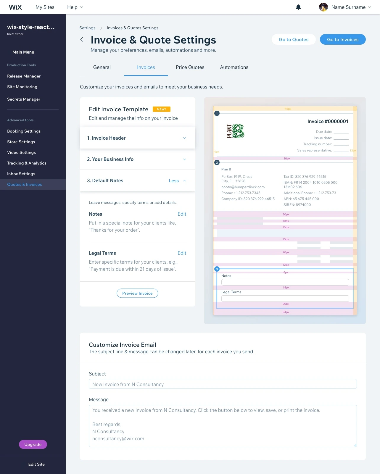 Final invoice customization options screen