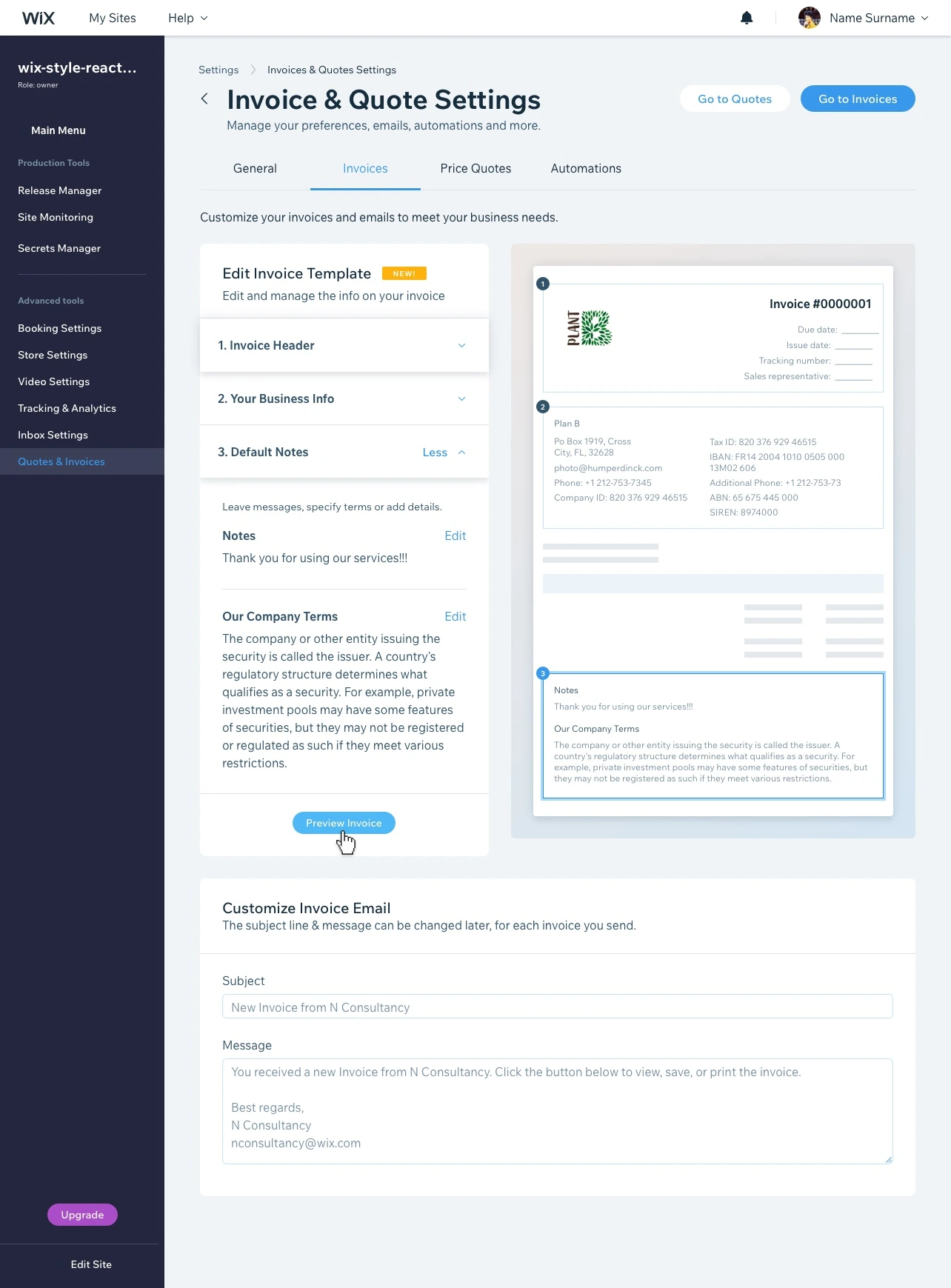 Final invoice template and numbering screen