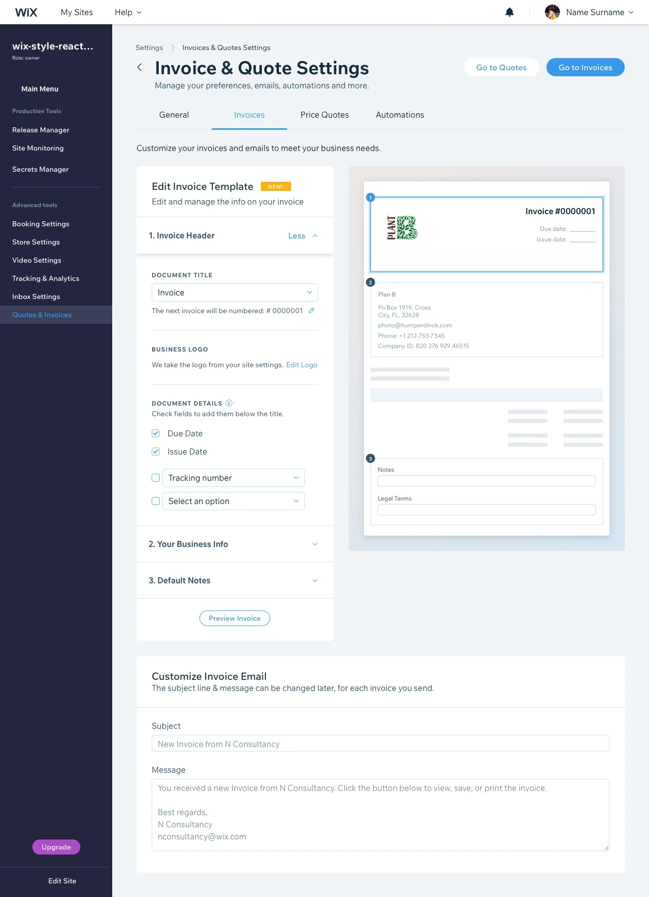 Final invoice settings screen