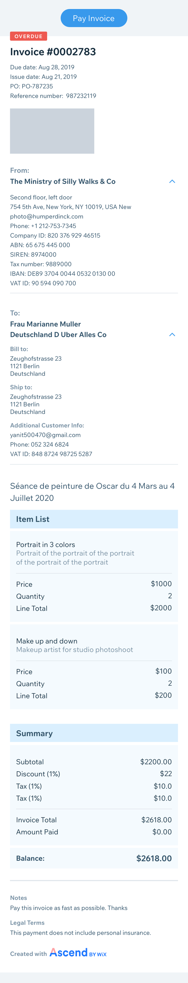 Invoice settings on mobile