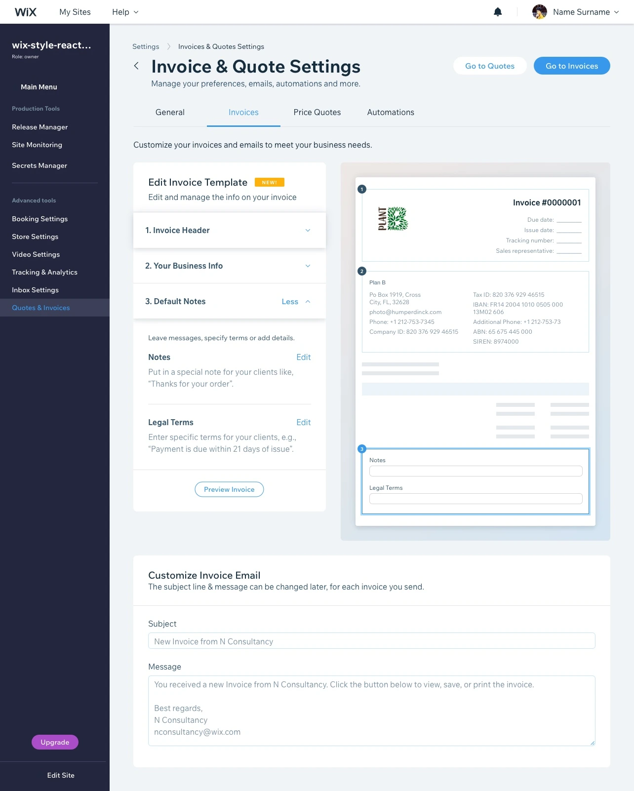 Design specification sheet for the settings components
