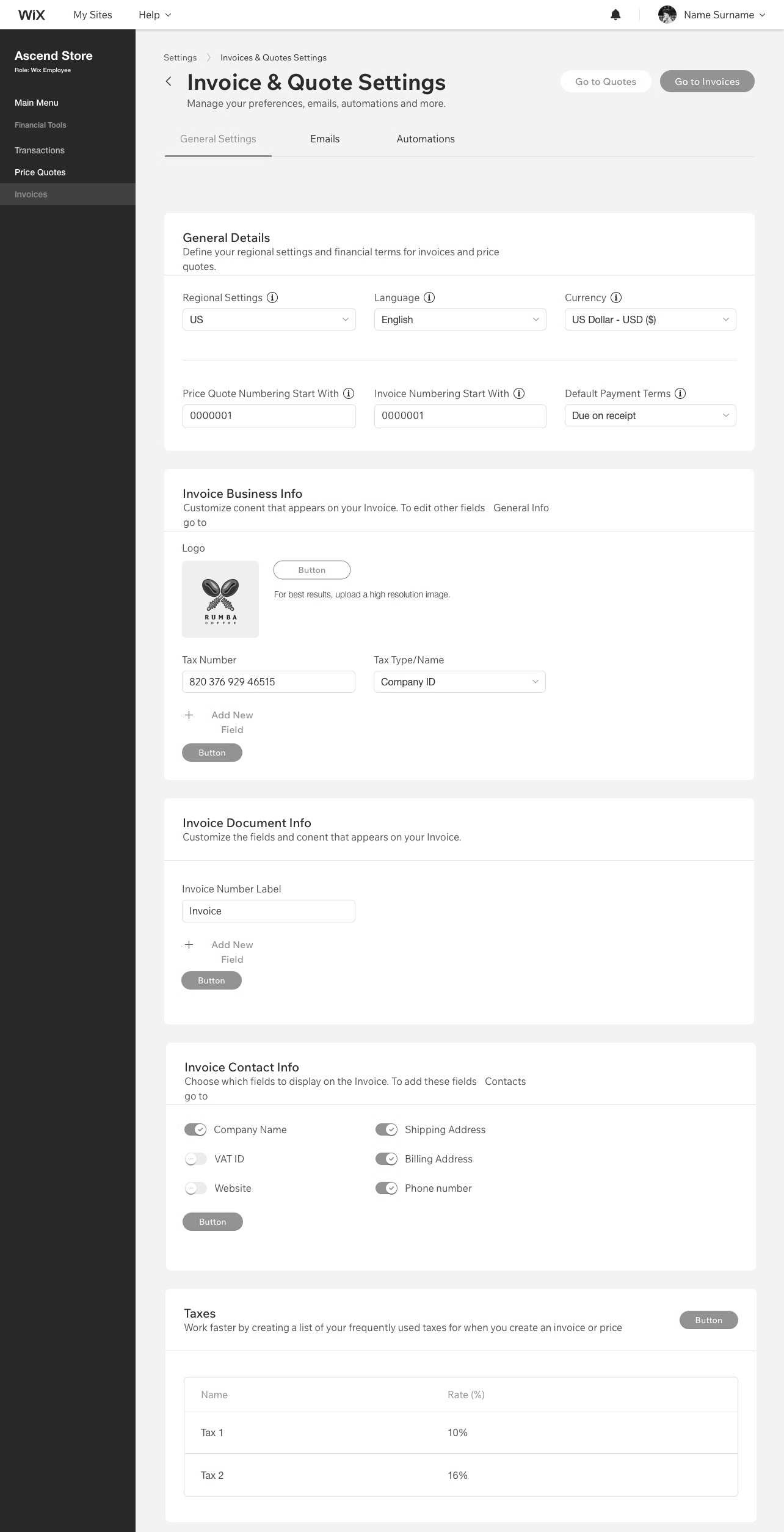 Wireframe of the invoice settings structure