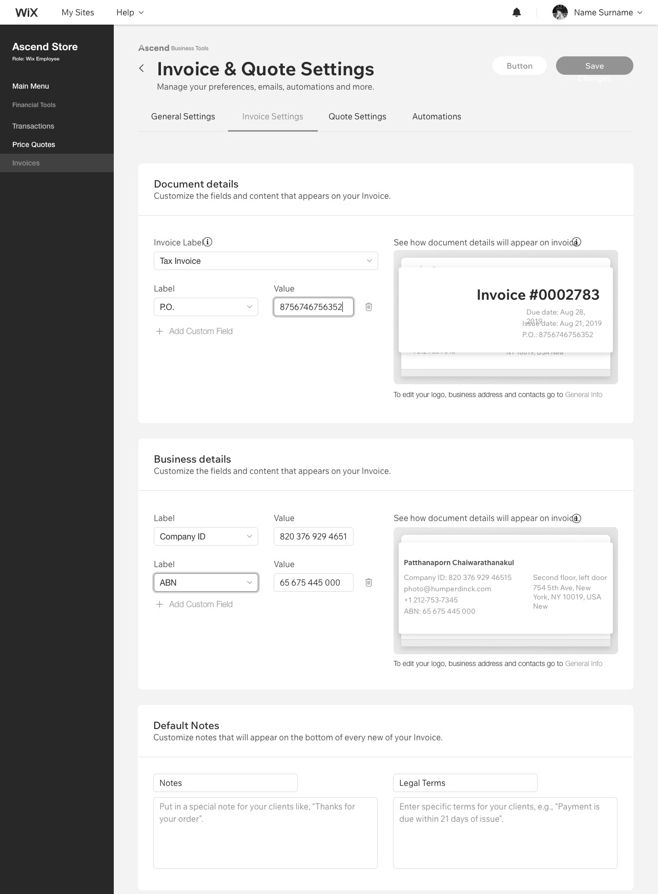 Wireframe of the customization options panel