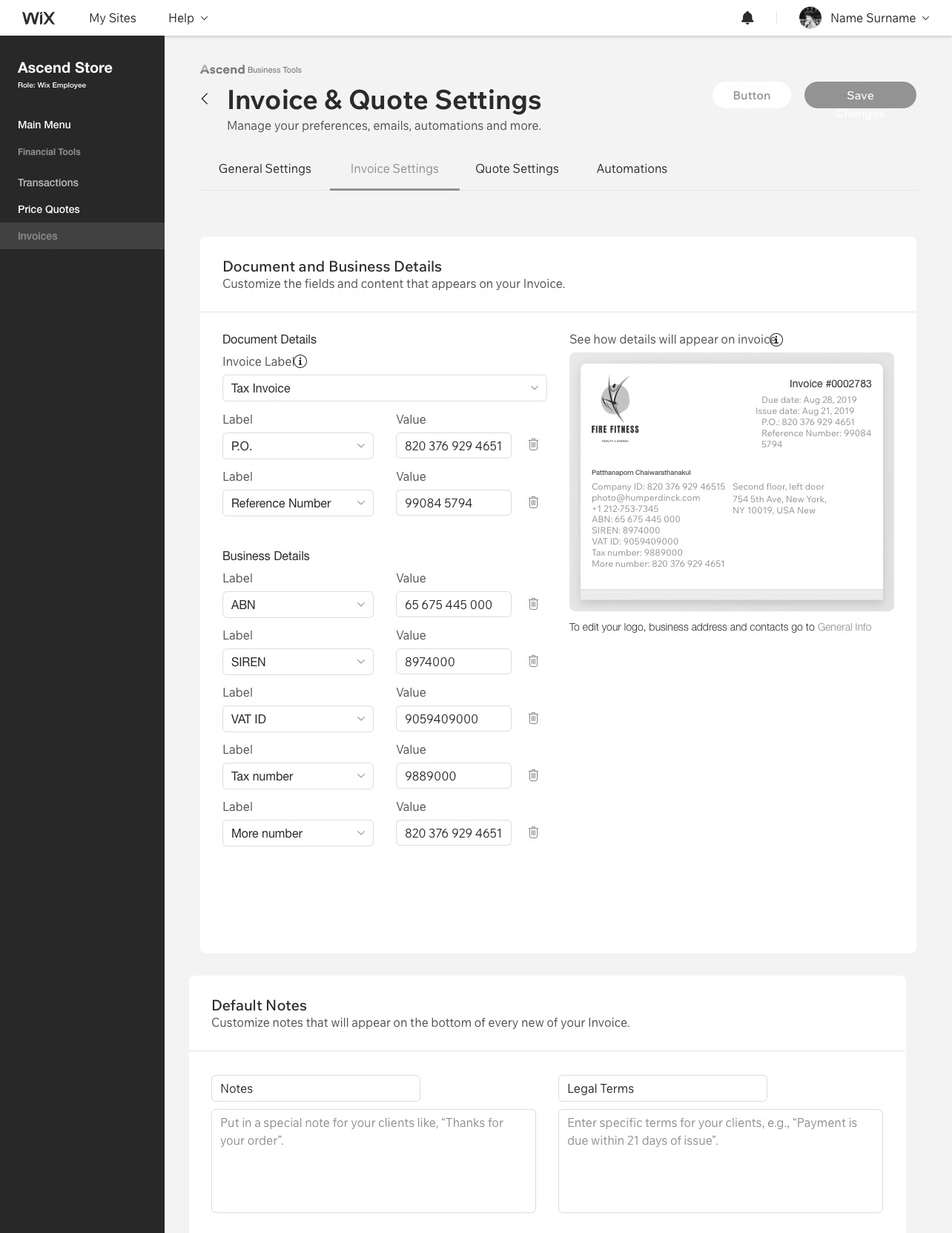 Wireframe of the invoice template settings