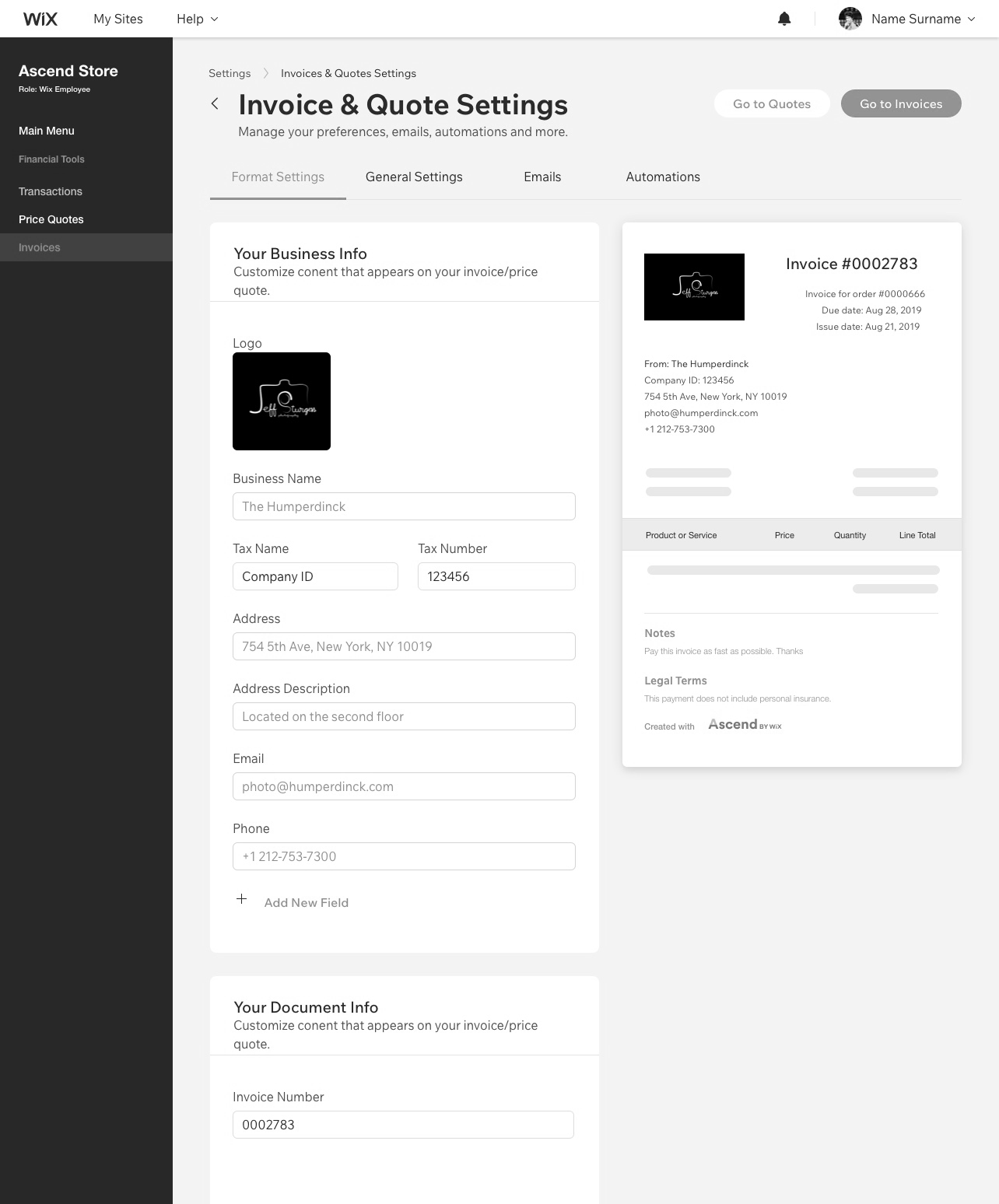 Wireframe of the invoice numbering and tax settings